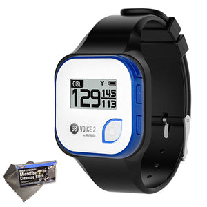 GolfBuddy Voice 2 GPS Unit - White/Blue with Black Wristband and Cleaning Cloth - Bundle